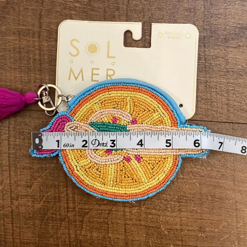 SOL AND MAR Citrus Slice Beaded Coin Purse w/ Tassel Card Holder Keychain NWT